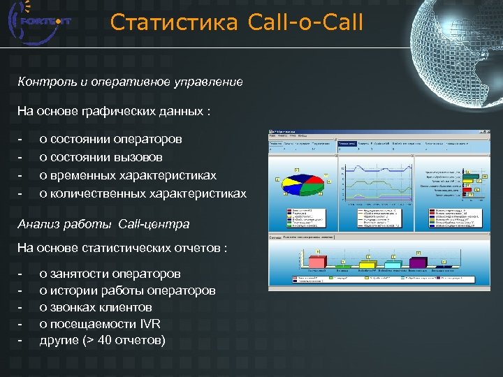 Статистика Call-o-Call Контроль и оперативное управление На основе графических данных : - о состоянии