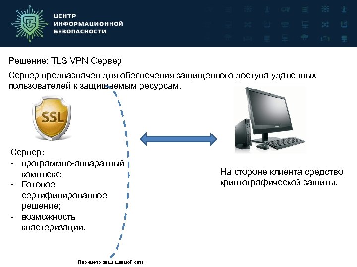 Решение: TLS VPN Сервер предназначен для обеспечения защищенного доступа удаленных пользователей к защищаемым ресурсам.