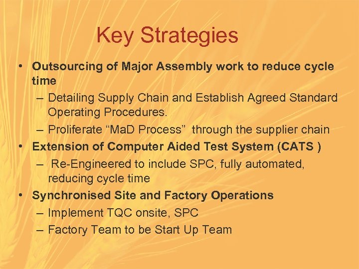 Key Strategies • Outsourcing of Major Assembly work to reduce cycle time – Detailing