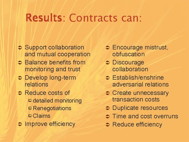 Results: Contracts can: Support collaboration and mutual cooperation Ü Balance benefits from monitoring and