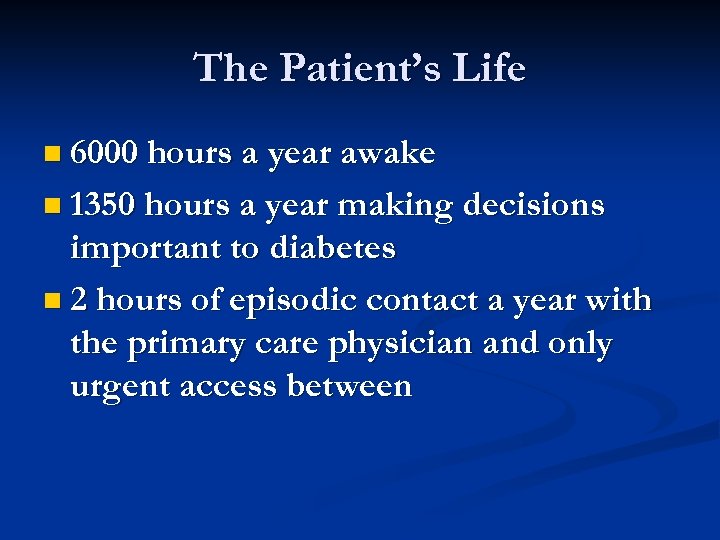 The Patient’s Life n 6000 hours a year awake n 1350 hours a year