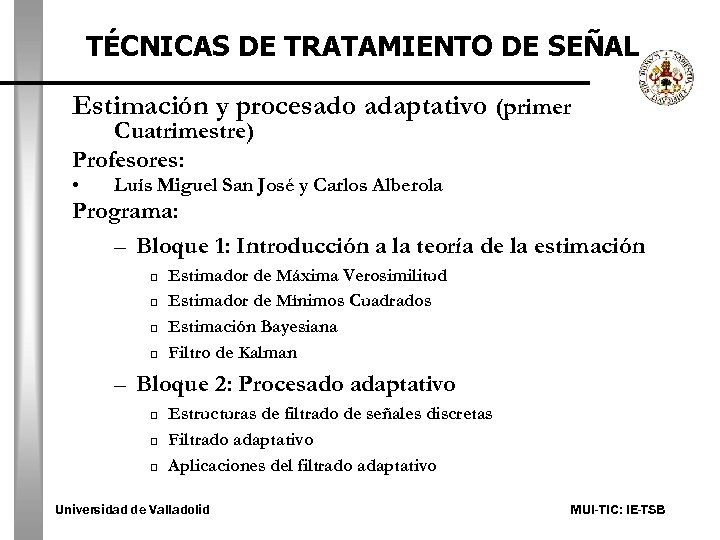 TÉCNICAS DE TRATAMIENTO DE SEÑAL Estimación y procesado adaptativo (primer Cuatrimestre) Profesores: • Luís