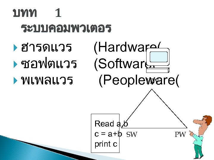 บทท 1 ระบบคอมพวเตอร ฮารดแวร ซอฟตแวร พเพลแวร (Hardware( (Software( HW (Peopleware( Read a, b c