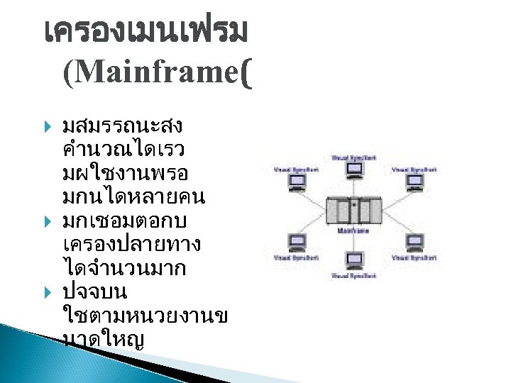 เครองเมนเฟรม (Mainframe( มสมรรถนะสง คำนวณไดเรว มผใชงานพรอ มกนไดหลายคน มกเชอมตอกบ เครองปลายทาง ไดจำนวนมาก ปจจบน ใชตามหนวยงานข นาดใหญ 