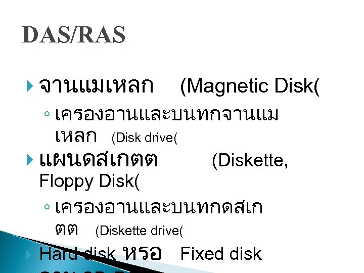 DAS/RAS จานแมเหลก (Magnetic Disk( ◦ เครองอานและบนทกจานแม เหลก (Disk drive( แผนดสเกตต Floppy Disk( (Diskette, ◦