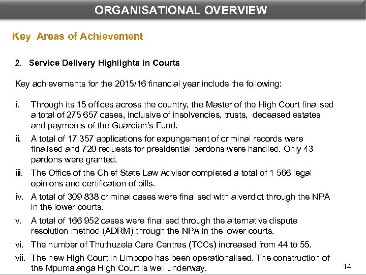 ORGANISATIONAL OVERVIEW DEPARTMENTAL PERFORMANCE: PROGRAMME 1 Key Areas of Achievement 2. Service Delivery Highlights