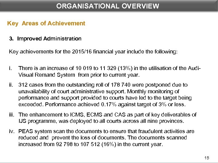 ORGANISATIONAL OVERVIEW DEPARTMENTAL PERFORMANCE: PROGRAMME 1 Key Areas of Achievement 3. Improved Administration Key