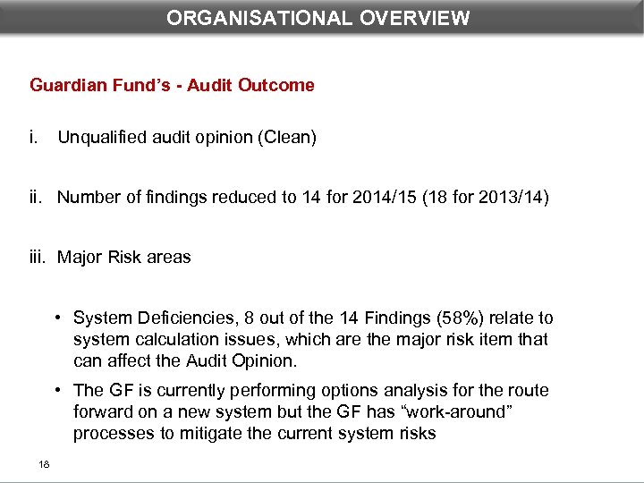 ORGANISATIONAL OVERVIEW Guardian Fund’s - Audit Outcome i. Unqualified audit opinion (Clean) ii. Number