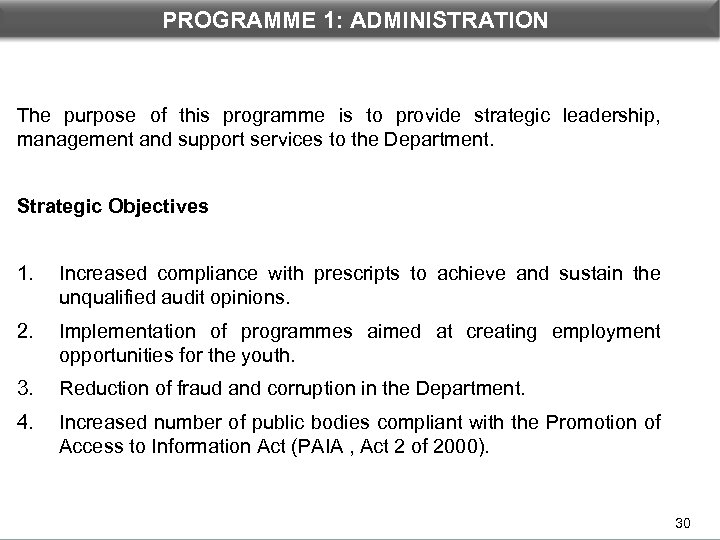 PROGRAMME 1: ADMINISTRATION The purpose of this programme is to provide strategic leadership, management