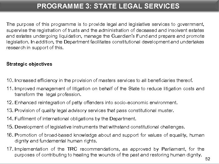 PROGRAMME 3: STATE LEGAL DEPARTMENTAL PERFORMANCE: PROGRAMME 3 SERVICES The purpose of this programme