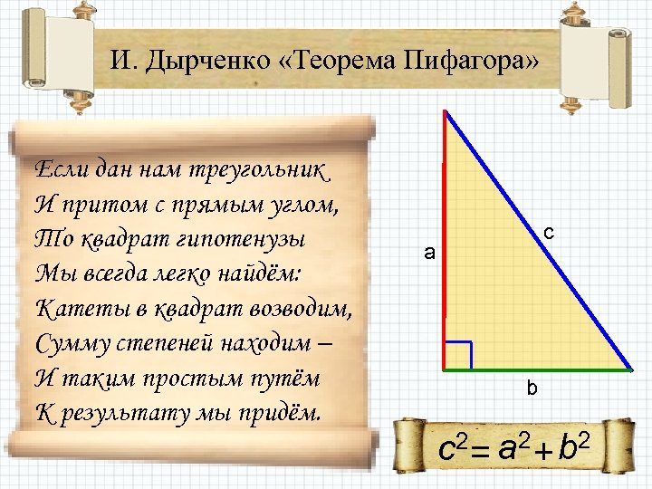 И. Дырченко «Теорема Пифагора» Если дан нам треугольник И притом с прямым углом, То