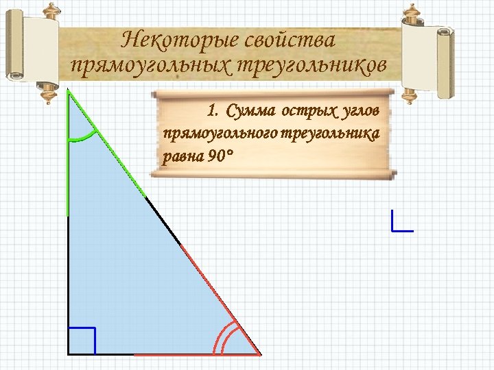 Некоторые свойства прямоугольных треугольников 1. Сумма острых углов прямоугольного треугольника равна 90° 