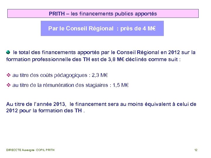 PRITH – les financements publics apportés Par le Conseil Régional : près de 4