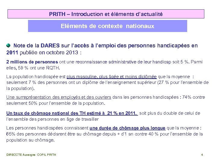 PRITH – Introduction et éléments d’actualité Eléments de contexte nationaux Note de la DARES
