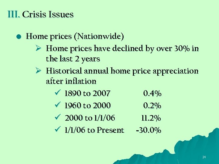 III. Crisis Issues • Home prices (Nationwide) Ø Home prices have declined by over