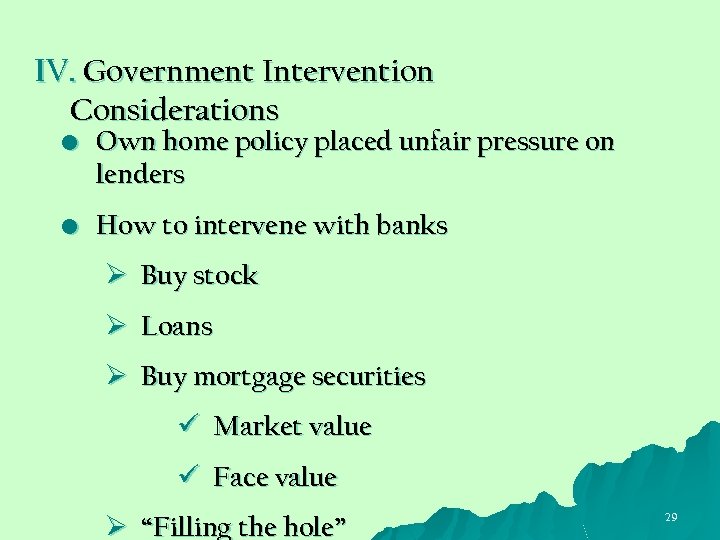 IV. Government Intervention Considerations • Own home policy placed unfair pressure on lenders •
