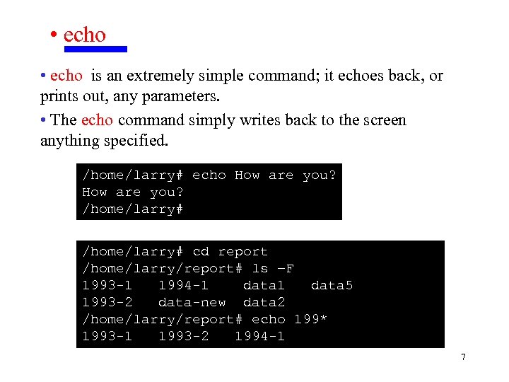 • echo is an extremely simple command; it echoes back, or prints out,