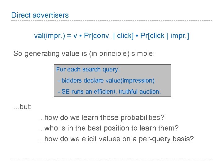 Direct advertisers val(impr. ) = v • Pr[conv. | click] • Pr[click | impr.