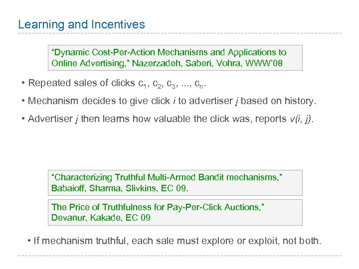 Learning and Incentives “Dynamic Cost-Per-Action Mechanisms and Applications to Online Advertising, ” Nazerzadeh, Saberi,