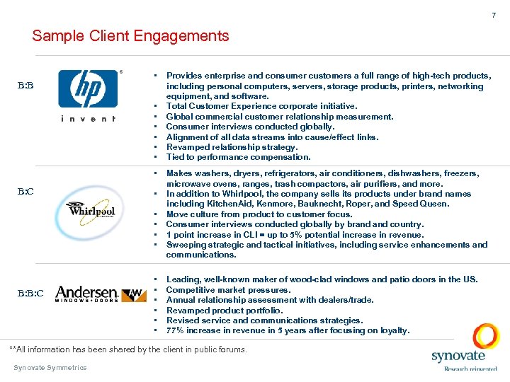 7 Sample Client Engagements B: B • • B: C • • • B:
