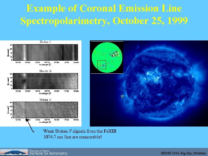 Example of Coronal Emission Line Spectropolarimetry, October 25, 1999 ● Weak Stokes V signals