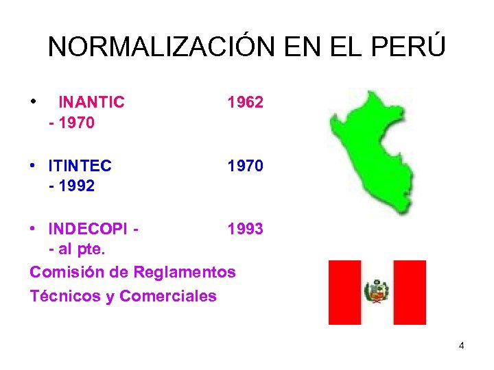 NORMALIZACIÓN EN EL PERÚ • INANTIC - 1970 • ITINTEC - 1992 1962 1970