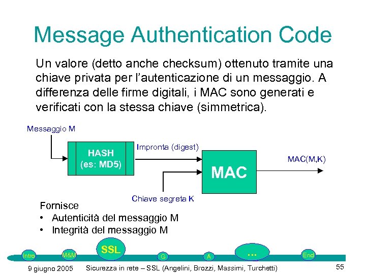 Message Authentication Code Un valore (detto anche checksum) ottenuto tramite una chiave privata per