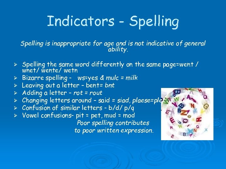 Indicators - Spelling is inappropriate for age and is not indicative of general ability.