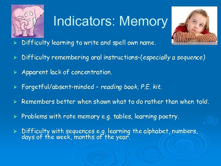 Indicators: Memory Ø Difficulty learning to write and spell own name. Ø Difficulty remembering