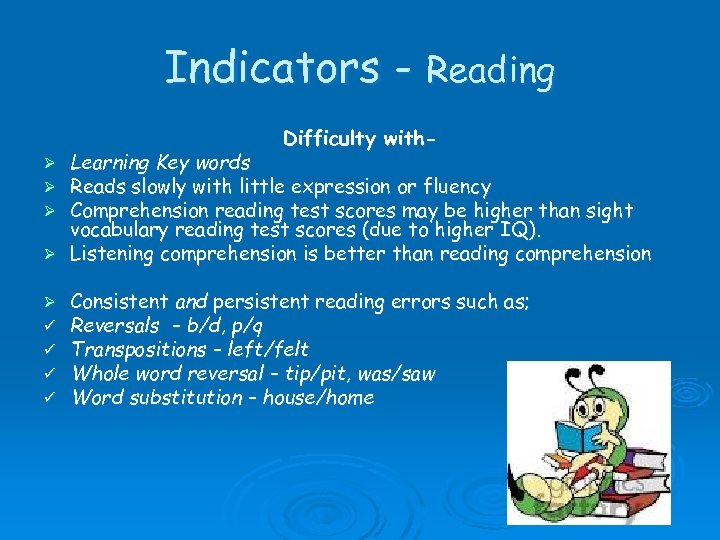 Indicators - Reading Difficulty with- Learning Key words Reads slowly with little expression or
