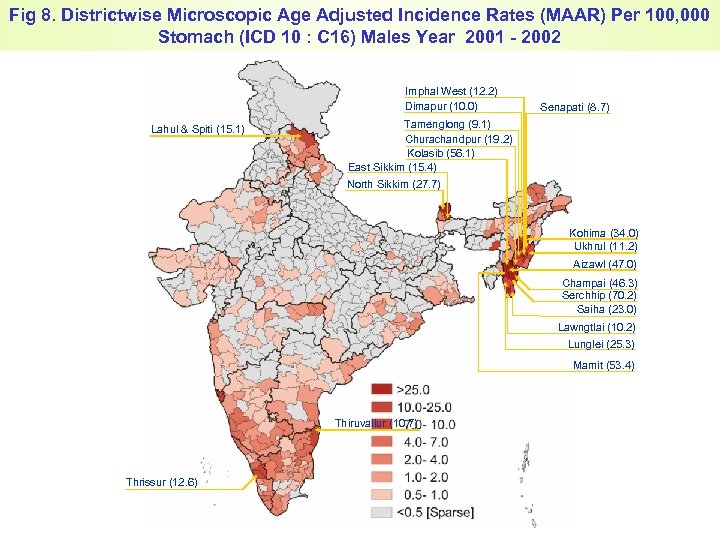 Fig 8. Districtwise Microscopic Age Adjusted Incidence Rates (MAAR) Per 100, 000 Stomach (ICD