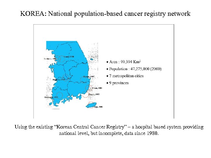 KOREA: National population-based cancer registry network Using the existing “Korean Central Cancer Registry” –