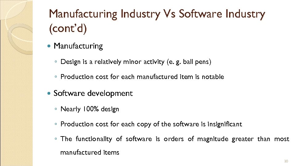 Manufacturing Industry Vs Software Industry (cont’d) Manufacturing ◦ Design is a relatively minor activity