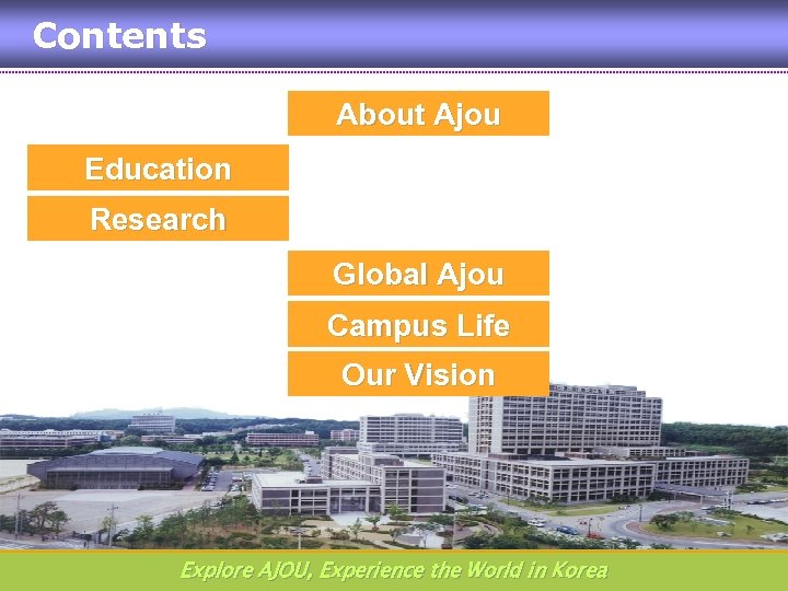 Contents About Ajou Education Research Global Ajou Campus Life Our Vision Explore AJOU, Experience