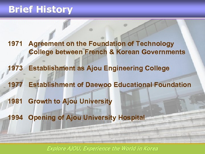 Brief History 1971 Agreement on the Foundation of Technology College between French & Korean