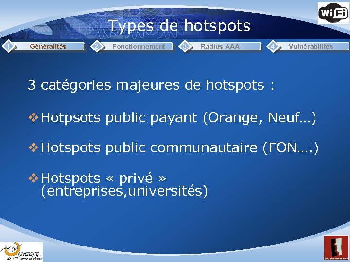 Types de hotspots 1 Généralités 2 Fonctionnement 3 Radius AAA 4 Vulnérabilités 3 catégories