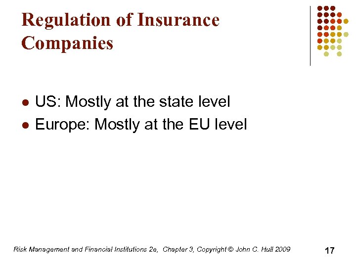 Regulation of Insurance Companies l l US: Mostly at the state level Europe: Mostly