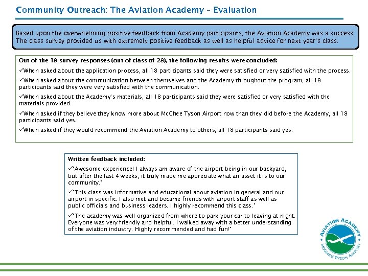 Community Outreach: The Aviation Academy – Evaluation Based upon the overwhelming positive feedback from