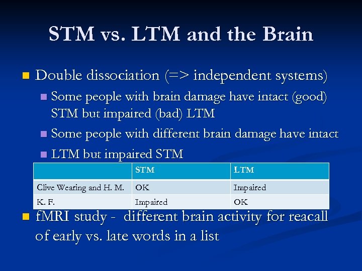 STM vs. LTM and the Brain n Double dissociation (=> independent systems) Some people