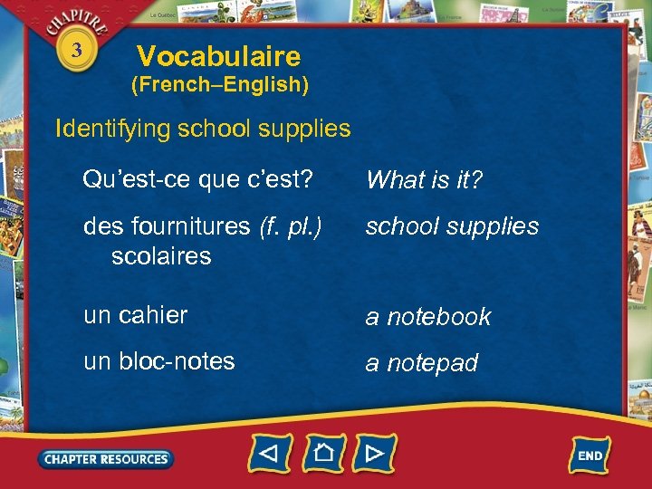 3 Vocabulaire (French–English) Identifying school supplies Qu’est-ce que c’est? What is it? des fournitures