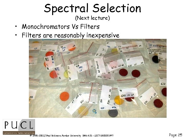 Spectral Selection (Next lecture) • Monochromators Vs Filters • Filters are reasonably inexpensive ©