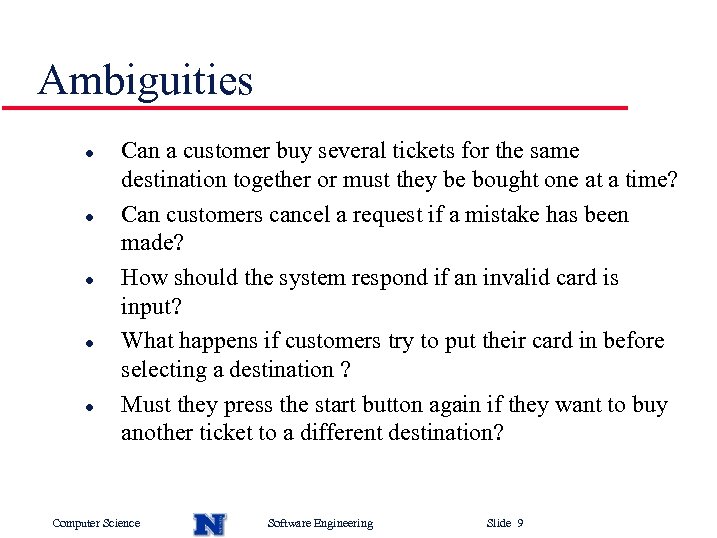 Ambiguities l l l Can a customer buy several tickets for the same destination
