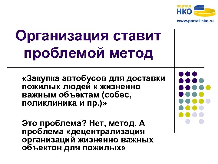 Организация ставит проблемой метод «Закупка автобусов для доставки пожилых людей к жизненно важным объектам