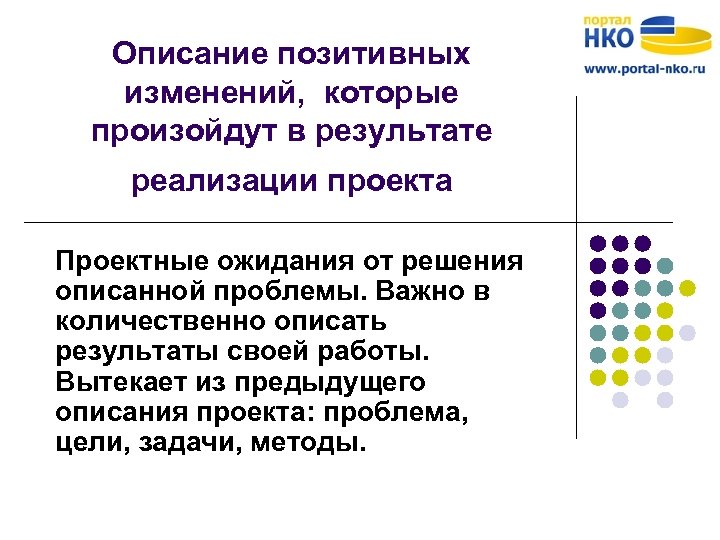 Описание позитивных изменений, которые произойдут в результате реализации проекта Проектные ожидания от решения описанной