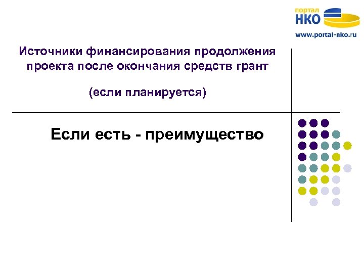 Источники финансирования продолжения проекта после окончания средств грант (если планируется) Если есть - преимущество