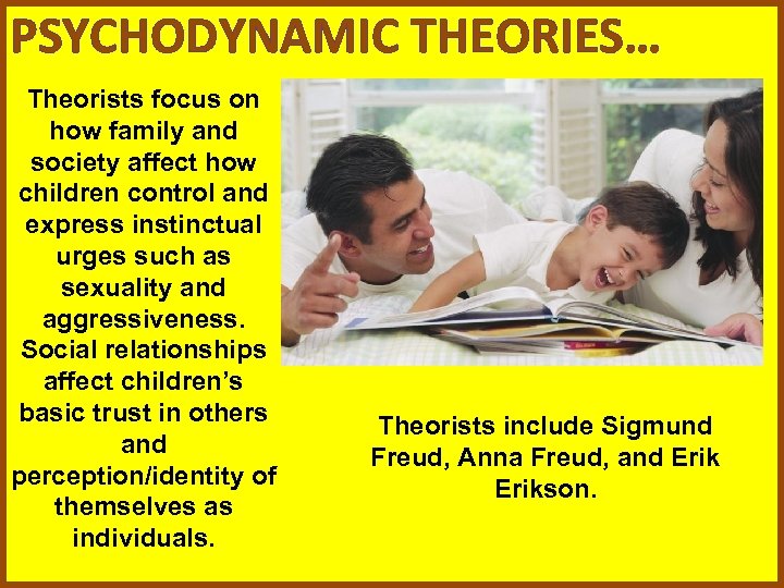 PSYCHODYNAMIC THEORIES… Theorists focus on how family and society affect how children control and