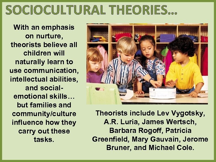 SOCIOCULTURAL THEORIES… With an emphasis on nurture, theorists believe all children will naturally learn
