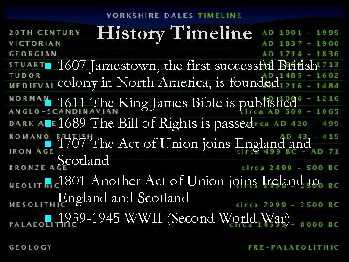 History Timeline 1607 Jamestown, the first successful British colony in North America, is founded