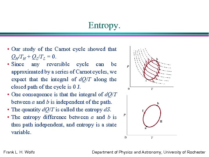 Entropy. • Our study of the Carnot cycle showed that QH/TH + QL/TL =