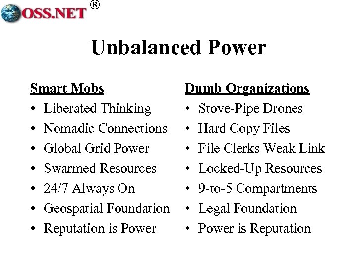 ® Unbalanced Power Smart Mobs • Liberated Thinking • Nomadic Connections • Global Grid